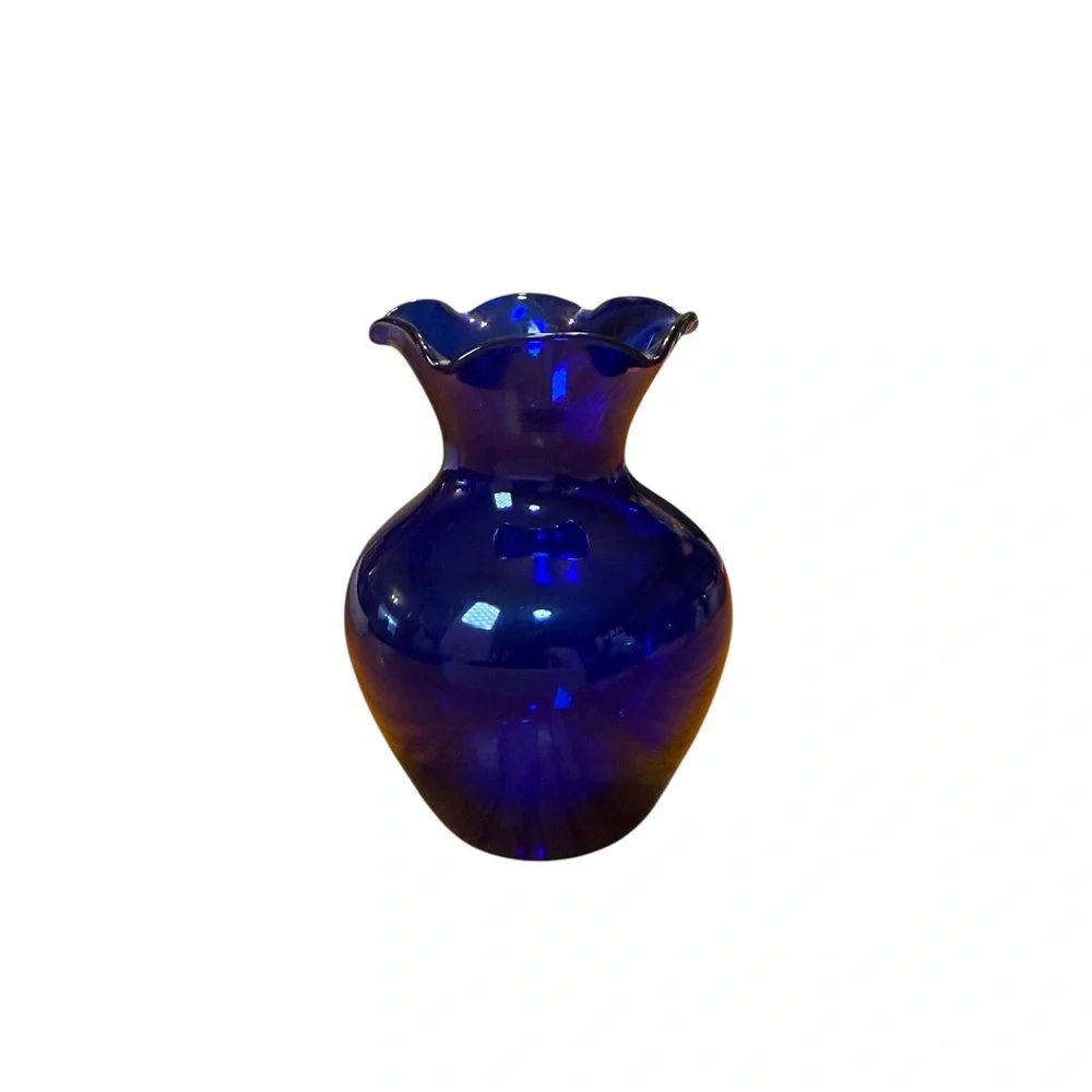 Indiana Glass Cobalt Blue Bud Vase Urn Shape Ruffled Scalloped Rim 4.5in
